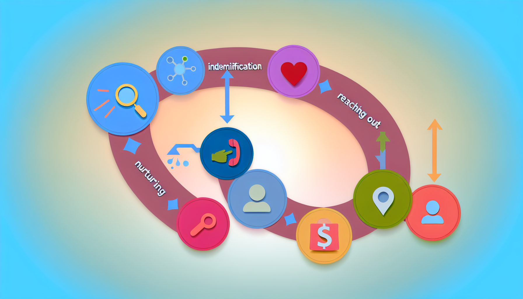 Visuelle Darstellung des Prozesses der Lead-Generierung. Stellen Sie ein stilisiertes Flussdiagramm mit klaren Phasen dar, wie z.B. Prospektidentifikation, Kontaktaufnahme, Pflege und Konversion. Gestalten Sie die Elemente des Flussdiagramms wie Kreise und Pfeile in einer Vielzahl von leuchtenden Farben fÃ¼r den Kontrast und verbinden Sie die Phasen durch diese Pfeile. Integrieren Sie Symbole, die fÃ¼r jede Phase relevant sind - eine Lupe fÃ¼r die Identifikation, ein Telefon fÃ¼r die Kontaktaufnahme, ein Herz fÃ¼r die Pflege und ein Dollarzeichen fÃ¼r die Konversion. Setzen Sie das Flussdiagramm vor einen sanften, verlaufenden Hintergrund.