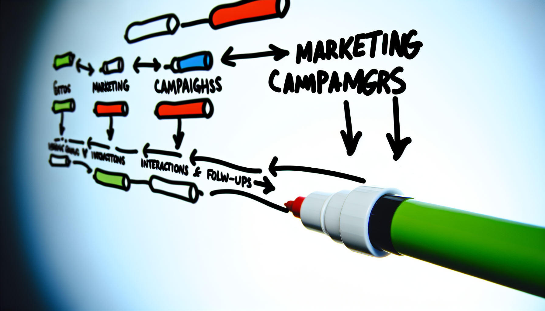 Eine Illustration eines Whiteboards, auf dem ein Flussdiagramm mit verschiedenen farbigen Markern gezeichnet ist. Das Flussdiagramm zeigt den Prozess der Lead-Generierung in einem GeschÃ¤ftsszenario. Es beginnt mit 'Marketingkampagnen' an der Spitze, von dem Pfeile nach unten zu 'Potenzielle Kunden' fÃ¼hren, die weiter zu 'Interaktionen & Nachverfolgungen' fÃ¼hren und schlieÃŸlich mit 'Verkaufsumwandlung' enden. Dies stellt eine Entwicklung von einem breiten Marketingaufwand bis hin zur spezifischen Handlung des Verkaufs dar.