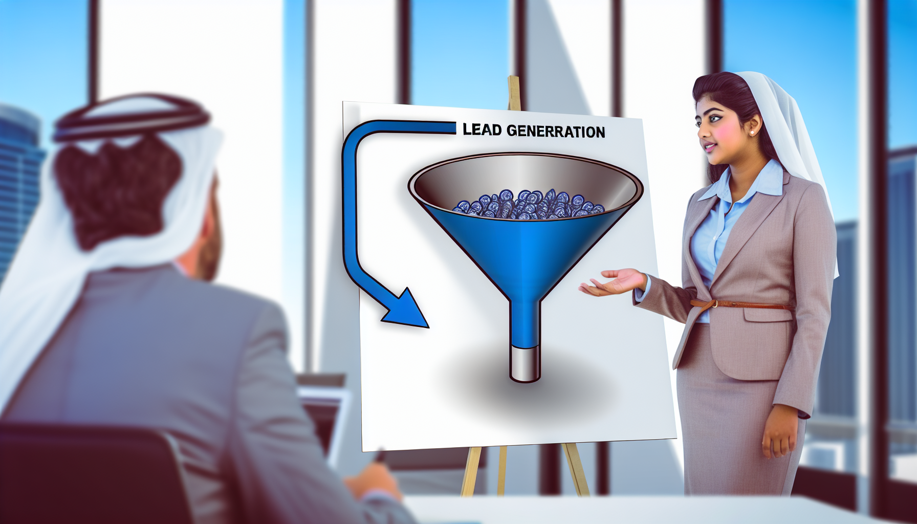 Erstellen Sie ein Bild, das das Konzept der Lead-Generierung im GeschÃ¤ftskontext darstellt. Zeigen Sie eine sÃ¼dasiatische Marketingfachfrau, die neben einem Trichterdesign steht, das symbolisiert, wie Kunden oben eintreten und unten zu Leads werden. Sie prÃ¤sentiert das Konzept einem mÃ¤nnlichen FÃ¼hrungskraft aus dem Nahen Osten, der aufmerksam zuhÃ¶rt und Notizen macht. Der Hintergrund zeigt eine moderne, helle BÃ¼roumgebung.