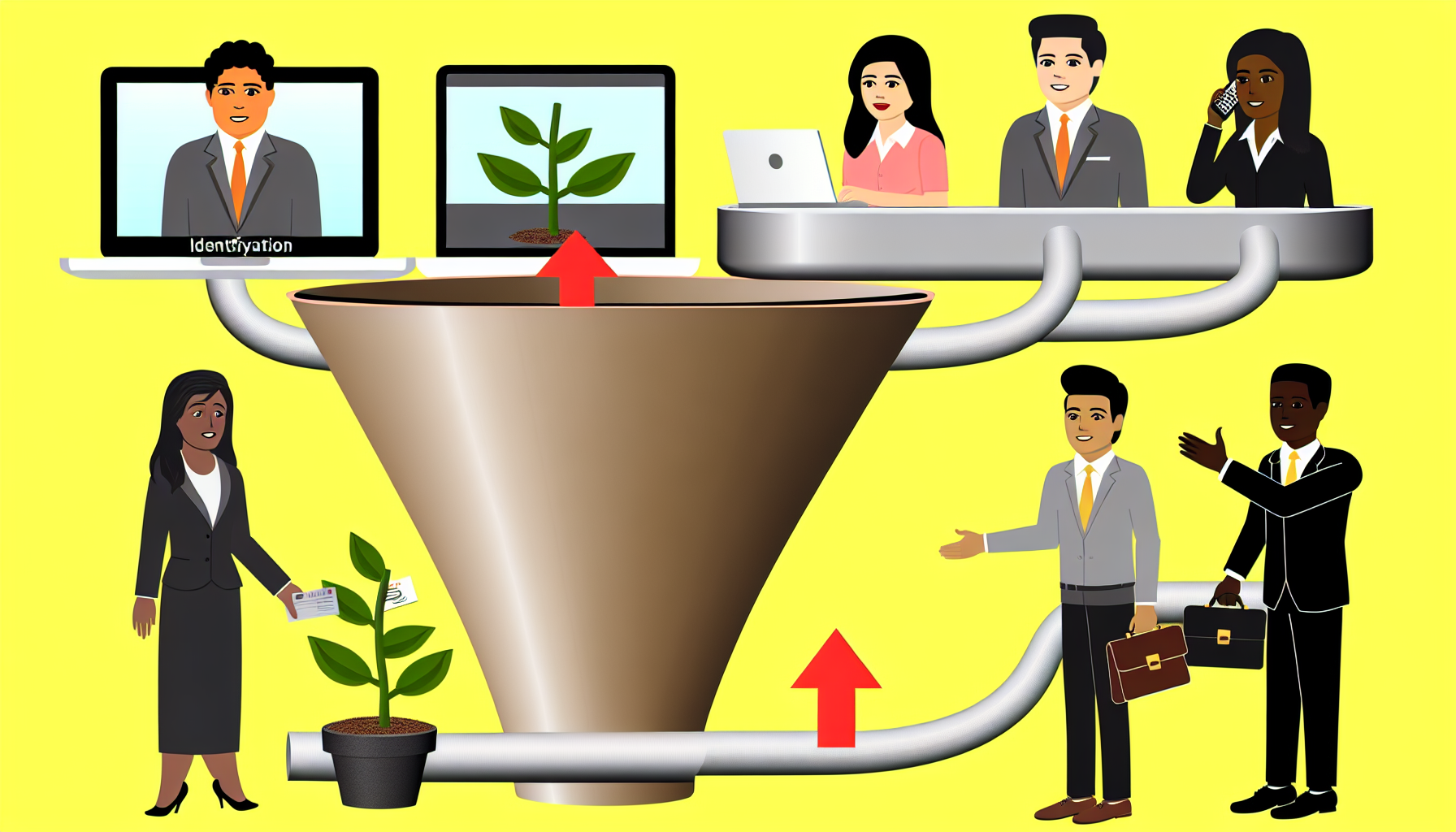 Eine Illustration, die den Prozess der Lead-Generierung im GeschÃ¤ft zeigt. Sie zeigt einen Trichter, der verschiedene Phasen von der Identifizierung bis zur Konversion enthÃ¤lt. In der ersten Phase identifiziert ein GeschÃ¤ftsmann hispanischer Abstammung potenzielle Kunden mit einem Computer. Die nÃ¤chste Phase zeigt eine sÃ¼dasiatische GeschÃ¤ftsfrau, die potenzielle Kunden Ã¼ber einen Telefonanruf kontaktiert. Weiter unten im Trichter pflegt ein GeschÃ¤ftsmann aus dem Nahen Osten potenzielle Leads, die als kleine Pflanzen dargestellt sind. SchlieÃŸlich ist eine afroamerikanische GeschÃ¤ftsfrau zu sehen, die einem Kunden die Hand schÃ¼ttelt, was die erfolgreiche Konversion eines Leads symbolisiert.