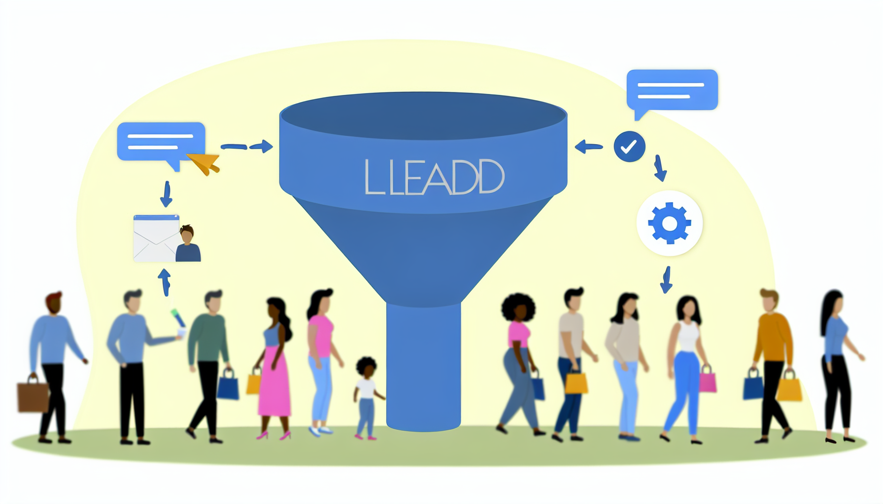 Eine Illustration, die den Prozess der Lead-Generierung darstellt. Sie kÃ¶nnte einen Trichter zeigen, der die Reise vom potenziellen Publikum zu den Kunden reprÃ¤sentiert. Dies kÃ¶nnte praktische Elemente wie Marketinginhalte, soziale Medien, E-Mail-Kampagnen und potenzielle Verbraucher umfassen, die Interesse an einem Produkt oder einer Dienstleistung zeigen. Achten Sie darauf, eine vielfÃ¤ltige Alters- und RassenreprÃ¤sentation unter den abgebildeten Personen einzubeziehen.