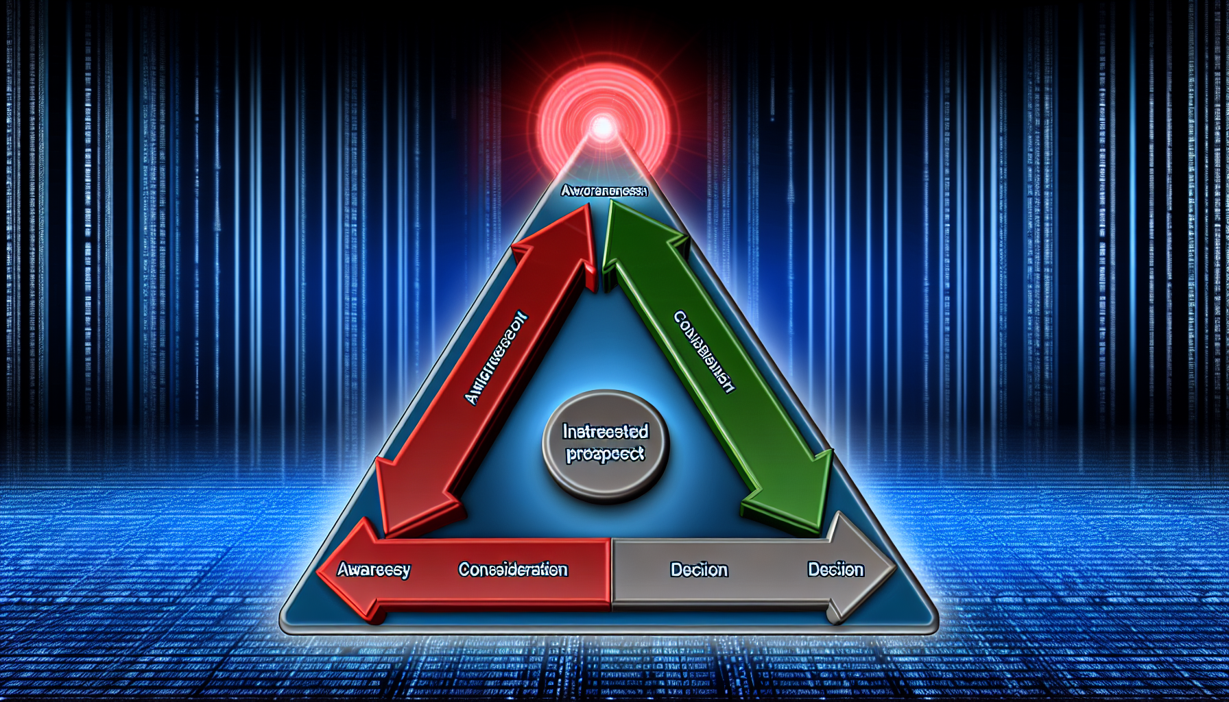 Eine Illustration des Lead-Generierungsprozesses. Ein dreieckiges Diagramm zeigt die fortschreitenden Phasen. An der Spitze des Dreiecks befindet sich eine rot leuchtende Kugel, die 'interessierter Interessent' symbolisiert. VerknÃ¼pfende Pfeile fÃ¼hren von einer Phase zur nÃ¤chsten und zeigen die Kundenreise an. Phasenbezeichnungen sind an jedem Punkt des Dreiecks platziert, wobei die breiteste unten steht und 'Bewusstsein' bezeichnet, und sich nach oben verjÃ¼ngt zu 'Ãœberlegung' und 'Entscheidung'. Das Diagramm befindet sich auf einem digitalen, blau-matrixartigen Hintergrund, der das Internet und digitales Marketing suggeriert.