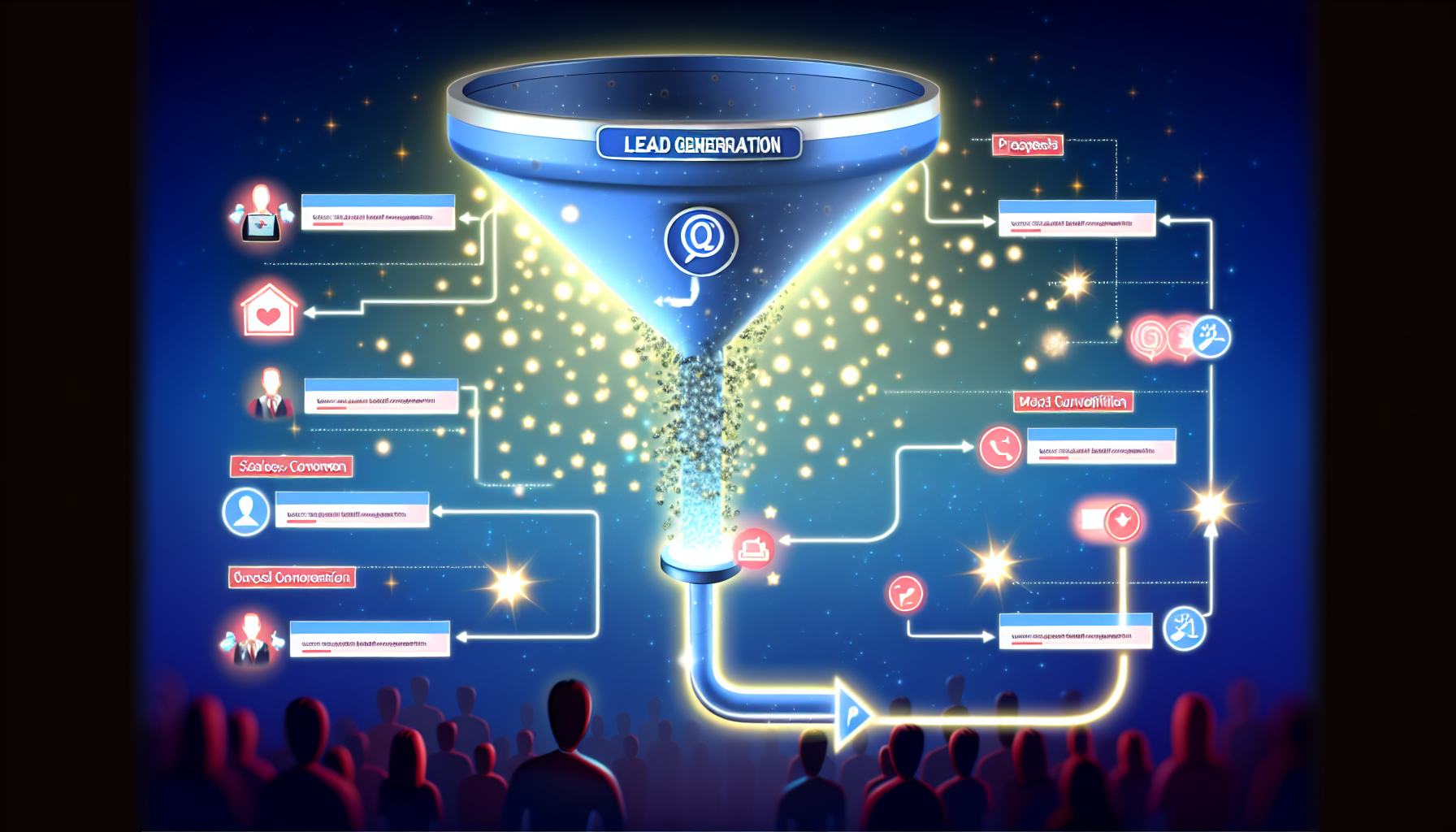 Illustration, die den Prozess der Lead-Generierung darstellt. Stellen Sie sich einen digitalen Marketing-Trichter vor, in den verschiedene Online-Quellen wie soziale Medien, Blogs und Websites potenzielle Kundeninformationen einspeisen. Interessenten werden als leuchtende Punkte dargestellt, die in den Trichter eintreten. WÃ¤hrend der Trichter sich verengt, wird die Qualifizierung der Leads dargestellt, wobei nur die vielversprechendsten durchkommen, bereit fÃ¼r die Verkaufsumwandlung. Am Ende werden erfolgreiche Umwandlungen als strahlende Sterne illustriert.