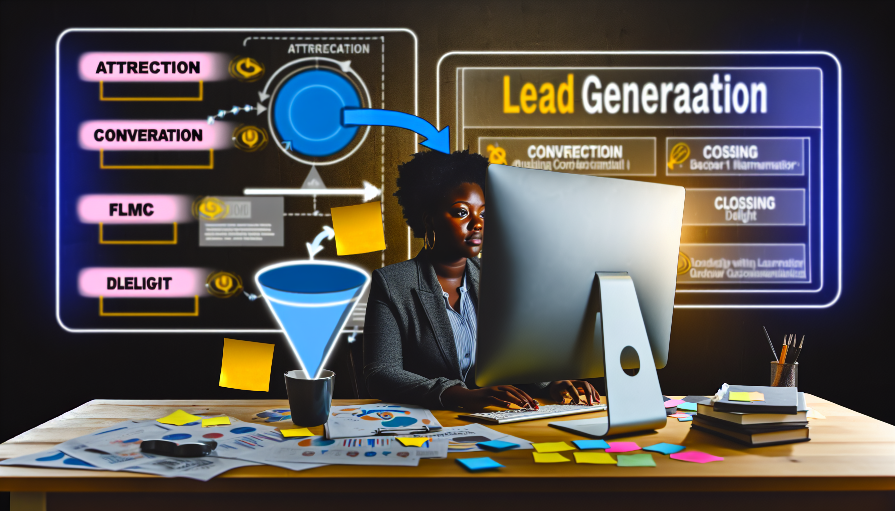 Eine Konzeptvisualisierung des Lead-Generierungsprozesses im digitalen Marketing. Eine schwarze weibliche Digitalmarketerin sitzt vor einem Computer und entwirft eine gezielte Werbekampagne zur Kundengewinnung. Ihr Arbeitsplatz ist mit Haftnotizen, Marktanalysen und Grafiken gefÃ¼llt, und auf ihrem Monitor ist ein digitales Trichtermodell zu sehen, das die Umwandlung von Interessenten zu Kunden darstellt. In der NÃ¤he wird auch eine Infografik mit den Phasen der Lead-Generierung gezeigt, einschlieÃŸlich Anziehung, Umwandlung, Abschluss und Begeisterung.