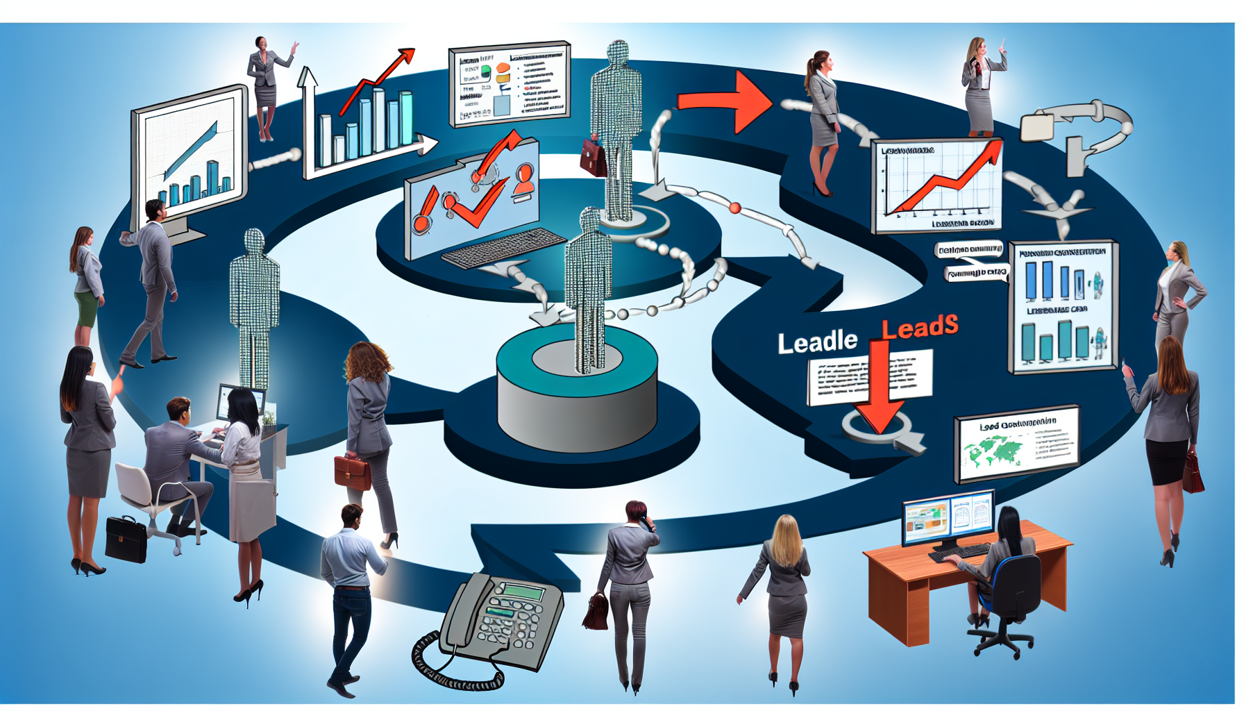 Eine visuelle Darstellung des Prozesses der Lead-Generierung in einem geschÃ¤ftlichen Umfeld. Zeigen Sie eine vielfÃ¤ltige Gruppe von Menschen, die gemeinsam an verschiedenen Aspekten des Prozesses arbeiten, wie der Recherche potenzieller Leads, der Kontaktaufnahme mit potenziellen Kunden und der Verfolgung des Fortschritts. Stellen Sie die Werkzeuge und Systeme dar, die sie verwenden, wie Computer mit Grafiken und Diagrammen, Telefone und ausgeklÃ¼gelte Software. Illustrieren Sie den Informationsfluss von der ersten Identifizierung eines potenziellen Leads bis zur endgÃ¼ltigen Umwandlung in einen Verkauf, mit Pfeilen und Beschriftungen, um die Schritte im Prozess anzuzeigen.