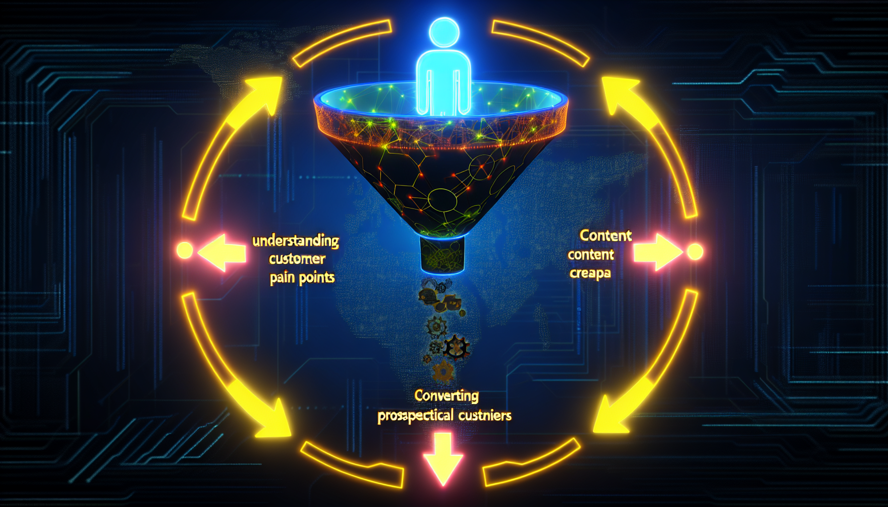 Ein Bild, das den Prozess der Lead-Generierung darstellt. Es zeigt einen digitalen Marketing-Trichter, der aus leuchtenden Neonpfeilen besteht und von der Identifizierung der Schmerzpunkte der Kunden Ã¼ber die Inhaltserstellung bis hin zum letzten Schritt, potenzielle Kunden in bestÃ¤tigte Kunden umzuwandeln, reicht. Der Hintergrund des Bildes zeigt eine abstrakte digitale Welt, um die digitale SphÃ¤re darzustellen, in der dieser Prozess hÃ¤ufig stattfindet.