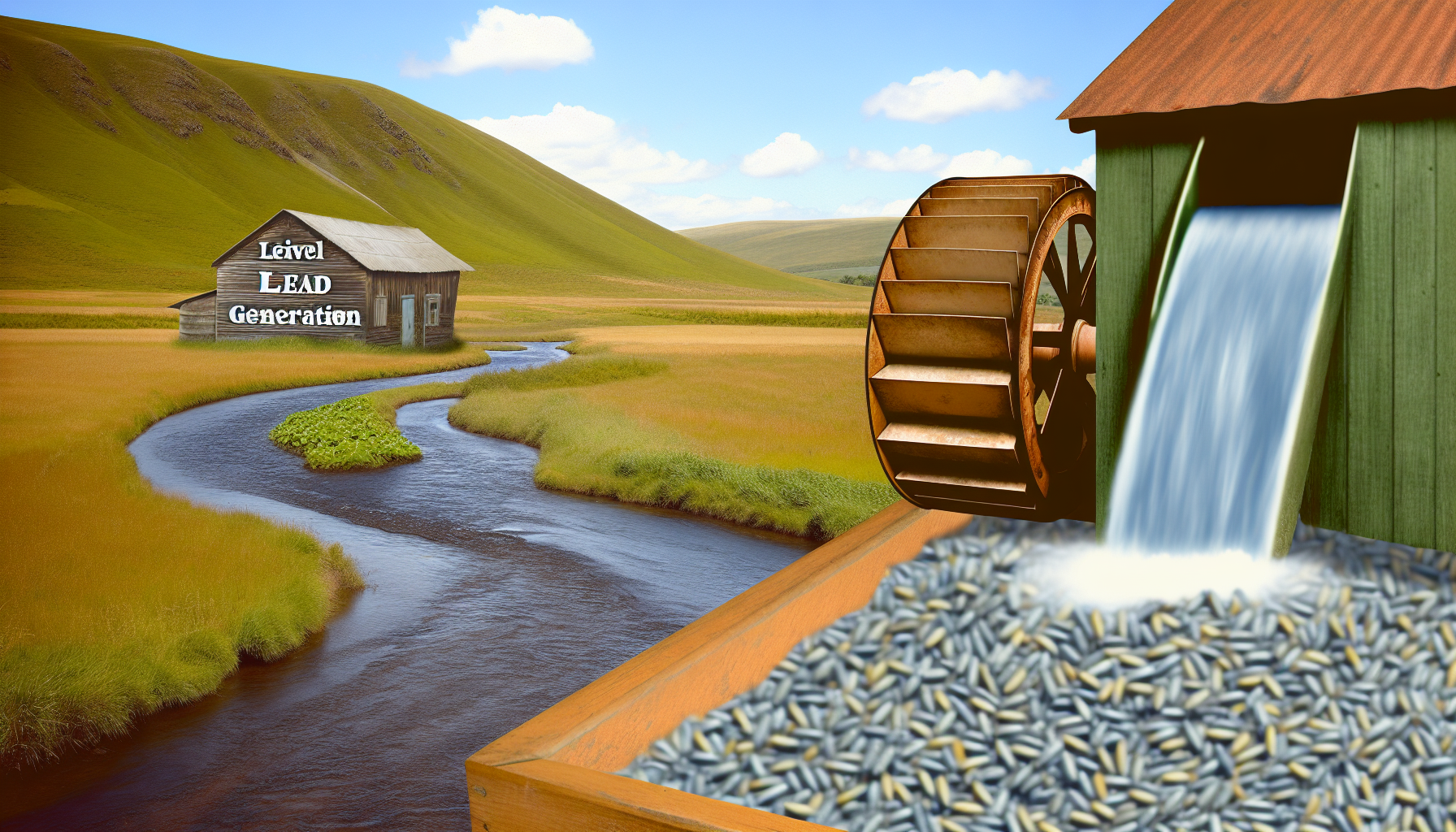 Eine Analogie zur Lead-Generierung im Kontext des digitalen Marketings. Stellen Sie sich eine malerische Landschaft vor, mit einem gewundenen Fluss, der hindurchflieÃŸt. An diesem Fluss steht eine vintage WassermÃ¼hle, elegant gestaltet, die Getreide mahlt. Im Hintergrund erheben sich grÃ¼ne HÃ¼gel, und der Himmel ist klar und blau. Der Fluss reprÃ¤sentiert den Fluss potenzieller Kunden, die KÃ¶rner stehen fÃ¼r rohe Leads, und die WassermÃ¼hle symbolisiert die digitalen Marketingtechniken, die verwendet werden, um diese Leads in Kunden umzuwandeln.