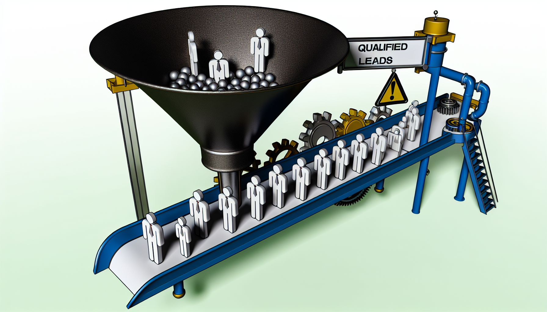 Eine Illustration, die das Konzept der 'Lead-Generierung' darstellt. Das Bild zeigt ein komplexes System aus Trichtern und FÃ¶rderbÃ¤ndern, mit Symbolen oder Miniaturversionen potenzieller Kunden, die von oben eintreten. Der Trichter verjÃ¼ngt sich, was den Prozess der Segregation darstellt, und am Ende fallen die vielversprechenden Leads in eine Box mit der Aufschrift 'Qualifizierte Leads'. Werkzeuge wie ZahnrÃ¤der, Hebel und RÃ¤der sind an den Seiten zu sehen, die verschiedene Online-Marketing- und Verkaufsstrategien symbolisieren.