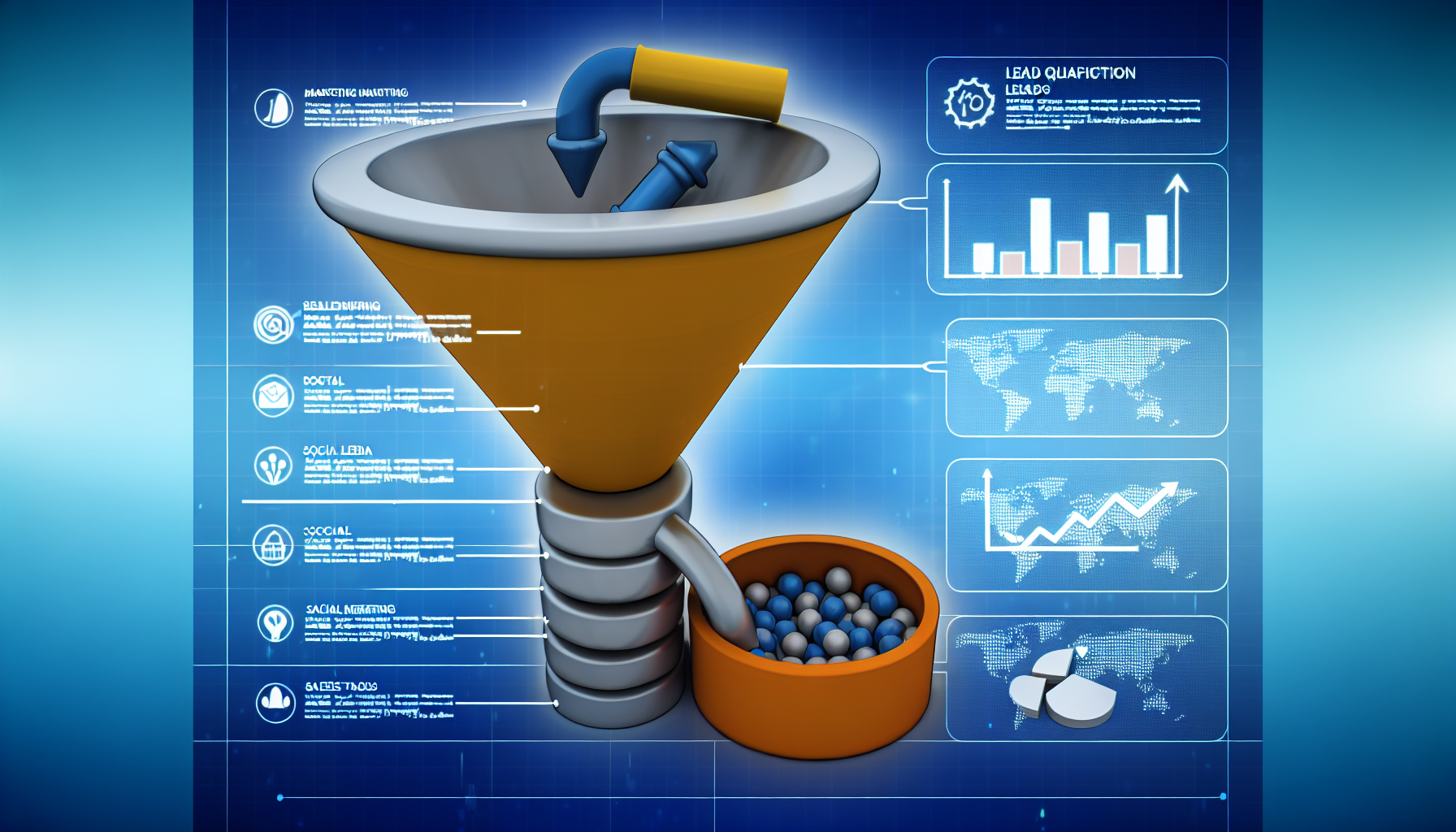 Eine detaillierte Illustration des Konzepts der Lead-Generierung. Das Bild kÃ¶nnte einen Trichter darstellen, der den Marketing-Trichter symbolisiert, wobei an der Spitze mehrere Quellen wie Suchmaschinenoptimierung, Content-Marketing und soziale Medien potenzielle Leads hineinstrÃ¶men. Der KÃ¶rper des Trichters kÃ¶nnte den Prozess der Lead-Qualifizierung symbolisieren. Am Boden kÃ¶nnte ein Topf sein, in dem verkaufsbereite Leads gesammelt werden. In der NÃ¤he kÃ¶nnten einige Datenanalytik-Diagramme und -Grafiken dargestellt sein, um die Lead-Verfolgung und Leistungsanalyse zu reprÃ¤sentieren.