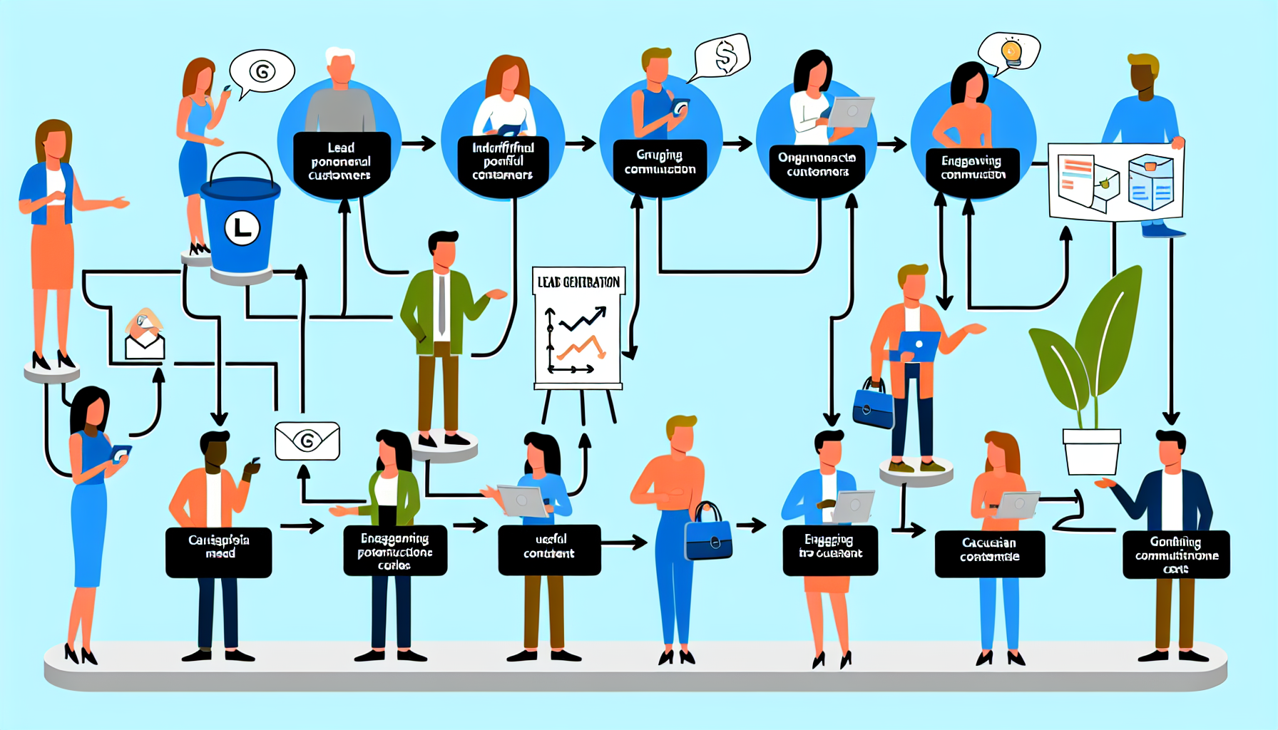 Eine Illustration, die den Prozess der Lead-Generierung zeigt. Dieser umfasst eine Reihe von verschiedenen Phasen, wie die Identifizierung potenzieller Kunden, die Kontaktaufnahme Ã¼ber verschiedene KommunikationskanÃ¤le, die Ansprache mit nÃ¼tzlichen Inhalten und schlieÃŸlich die Umwandlung in Kunden. Der Prozess sollte als miteinander verbundener Flussdiagramm dargestellt werden, mit klaren Beschriftungen. Die beteiligten Personen sollten eine vielfÃ¤ltige Gruppe von Individuen mit gleicher Vertretung aus verschiedenen Abstammungen wie Hispanisch, SÃ¼dasien und Kaukasisch umfassen. Sowohl MÃ¤nner als auch Frauen sollten in verschiedenen Rollen innerhalb dieses Prozesses dargestellt werden.