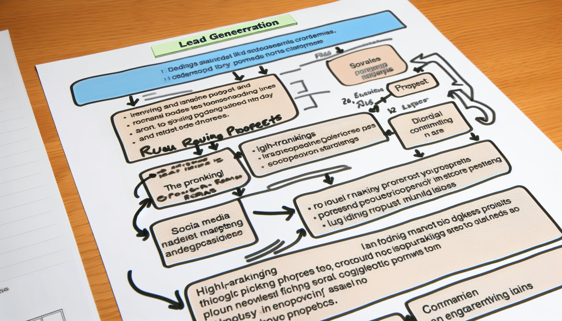 Ein detailliertes Diagramm, das den Prozess der Lead-Generierung veranschaulicht. Der Prozess beginnt mit der Identifizierung und Recherche potenzieller Kundenprofile. Diese Profile werden dann basierend auf vordefinierten Kriterien wie Kaufkraft und BedÃ¼rfnissen eingestuft. Die hochrangigen Interessenten werden dann durch gezielte Marketingstrategien angesprochen, die soziale Medienwerbung, E-Mail-Kampagnen und direkte Kommunikation umfassen kÃ¶nnen. Die Kommunikation sollte zu einer Interaktion anregen, um den Interessenten weiter im Trichter zu einem Verkauf oder einer Konversion zu bewegen. Das Diagramm enthÃ¤lt Beschriftungen und Pfeile, die den Fluss des Prozesses anzeigen.