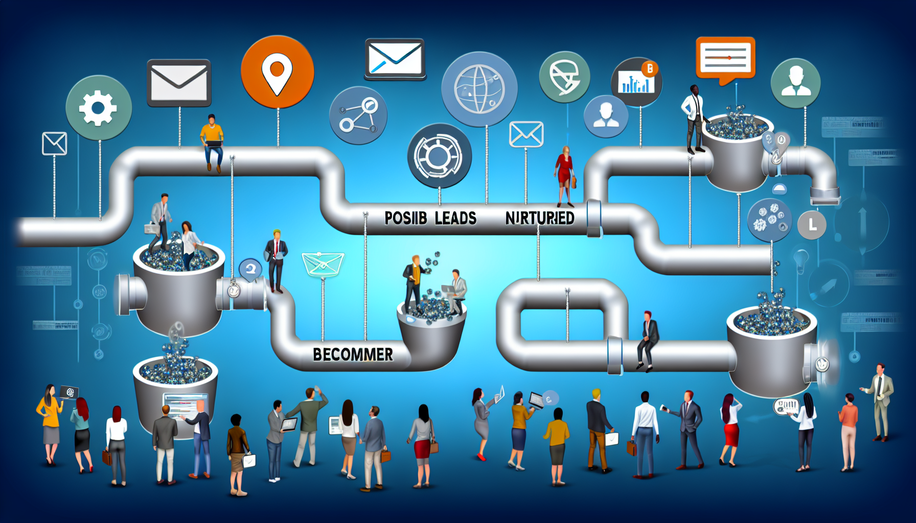 Eine Illustration des Konzepts der Lead-Generierung im geschÃ¤ftlichen Kontext. Zeigen Sie eine Pipeline, in die mÃ¶gliche Leads von einem Ende eintreten, gepflegt werden und am anderen Ende zu Kunden werden. FÃ¼llen Sie die Umgebung mit verschiedenen Elementen des digitalen Marketings wie E-Mails, Social-Media-Icons, Online-Recherche und Datenanalysen. Stellen Sie eine vielfÃ¤ltige Gruppe von Menschen unterschiedlicher Herkunft und Geschlechter dar, die an dieser Pipeline arbeiten, die Daten analysieren und neue Leads generieren.