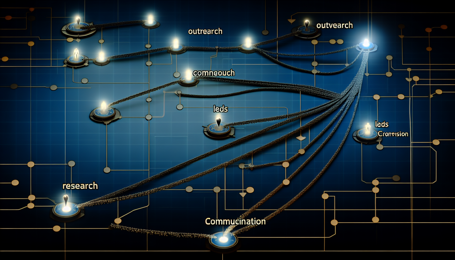 Eine detaillierte Visualisierung des Prozesses der Lead-Generierung. Die Szene zeigt ein komplexes, aber organisiertes Netzwerk von Knoten und Verbindungen, die verschiedene Prozesse in der Lead-Generierung symbolisieren. Durch dieses Netzwerk flieÃŸen Lichtstreifen, die potenzielle Leads reprÃ¤sentieren. Es gibt mehrere Stationen, die als 'Recherche', 'Kontaktaufnahme', 'Kommunikation' und 'Konversion' gekennzeichnet sind. Die Knoten und Lichtstreifen sind kunstvoll vor einem dunkelblauen Hintergrund angeordnet, was der Szene ein futuristisches und digitales GefÃ¼hl verleiht.