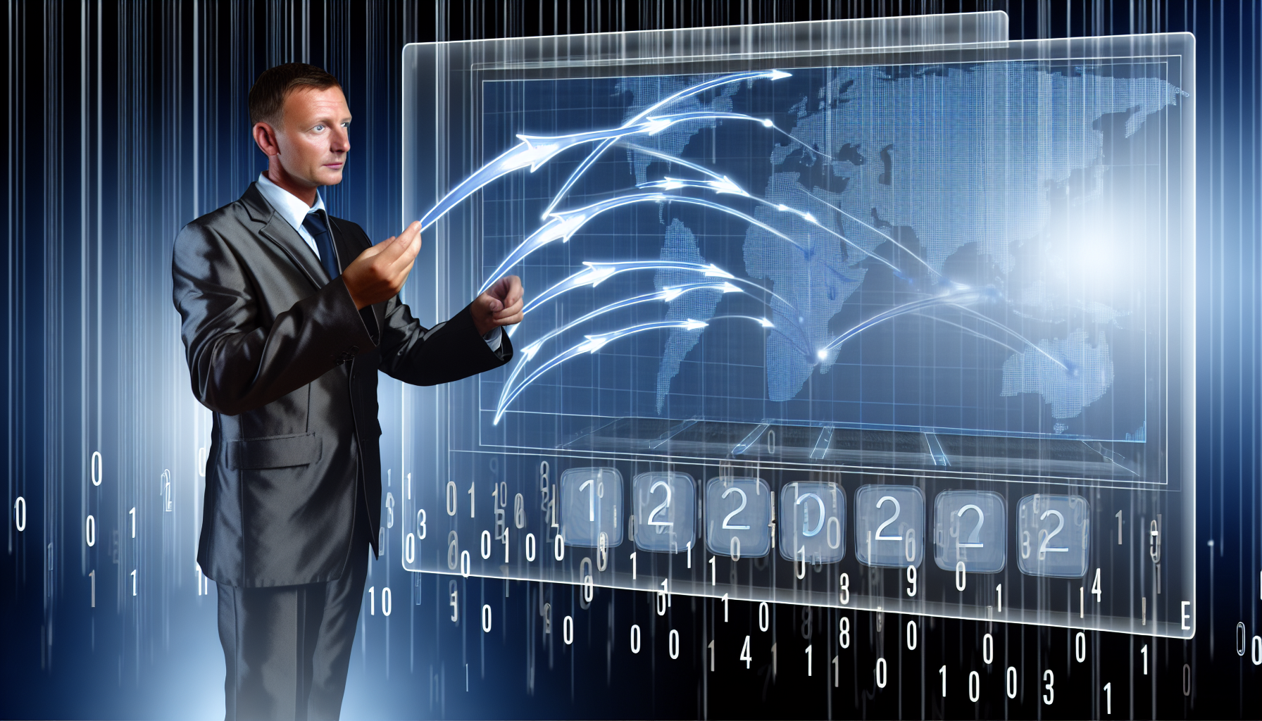 Eine Illustration, die das Konzept der Lead-Generierung darstellt. Im Vordergrund analysiert ein kaukasischer mÃ¤nnlicher GeschÃ¤ftsmann Daten auf einem transparenten, futuristischen Display. Im Hintergrund schweben digitale Diagramme und Grafiken in der Luft, die den Fluss von Informationen aus mehreren Quellen hervorheben, die sich zu potenziellen Leads vereinen. Der Hintergrund ist mit binÃ¤ren Zahlen in einem gespenstischen blauen Farbton gefÃ¼llt, was den digitalen Aspekt des Prozesses symbolisiert.