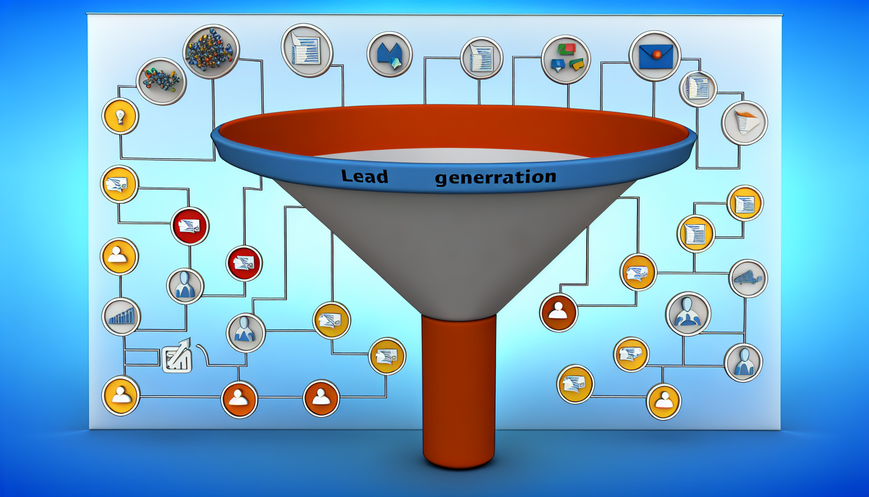 Ein Bild, das den Prozess der Lead-Generierung auf abstrakte Weise darstellt. ErwÃ¤gen Sie, einen Trichter zu illustrieren, der symbolisiert, wie Leads durch verschiedene MarketingkanÃ¤le wie soziale Medien, E-Mail-Marketing und Suchmaschinenoptimierung angezogen werden. Der obere Teil des Trichters kÃ¶nnte weit sein und viele potenzielle Leads zeigen. WÃ¤hrend der Trichter sich verjÃ¼ngt, kÃ¶nnte der Qualifizierungsprozess symbolisiert werden, und am Boden des Trichters sollten weniger, aber spezifischere und qualitativ hochwertigere Leads angezeigt werden. Die gesamte Szene sollte mit einem starken Fokus auf GeschÃ¤ft, Marketing und Abstraktion dargestellt werden.