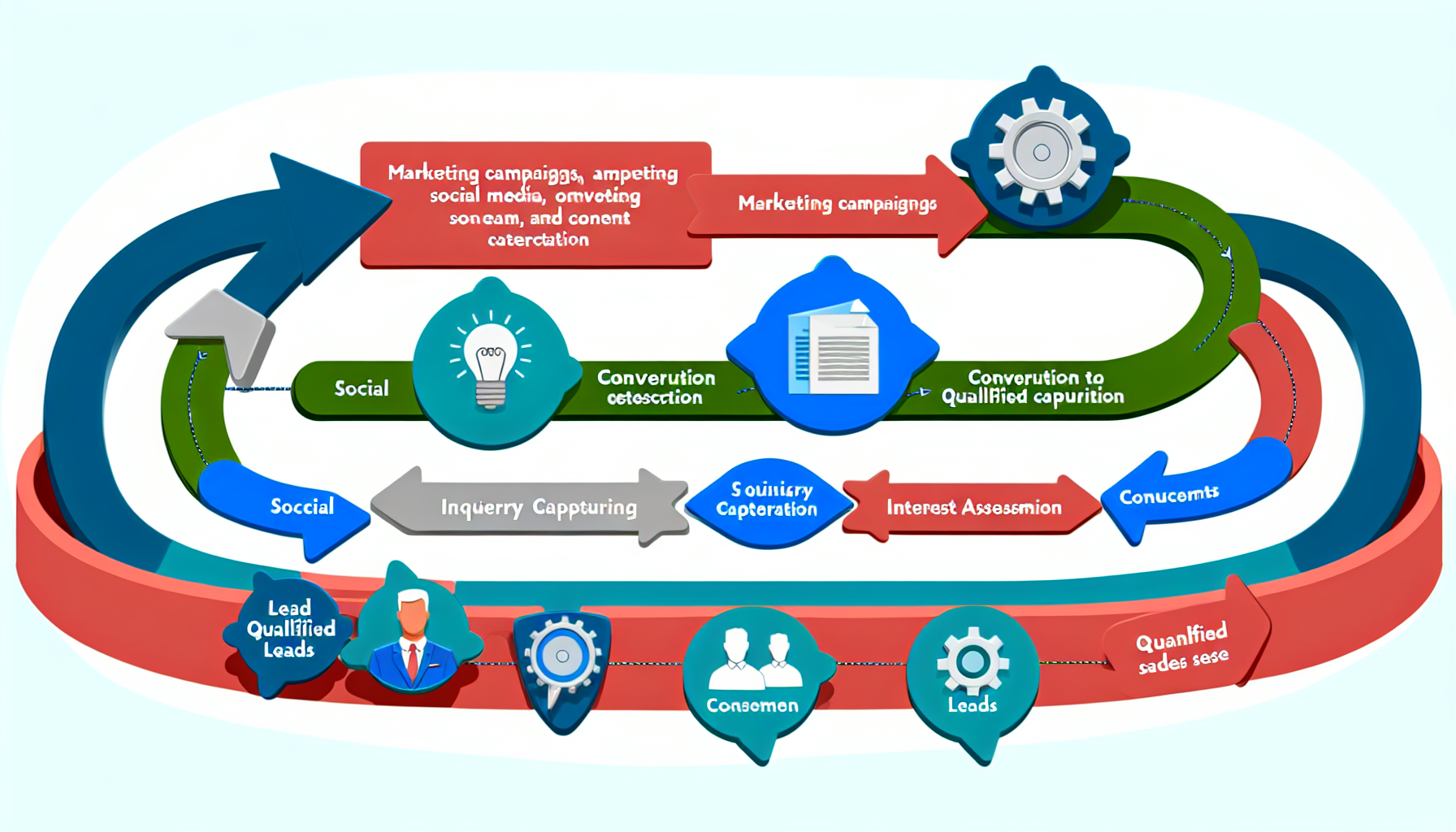 Eine Illustration, die den Prozess der Lead-Generierung im geschÃ¤ftlichen Kontext darstellt. Zeigen Sie ein Flussdiagramm oder ein Prozessdiagramm, das mit Quellen wie Marketingkampagnen, sozialen Medien und Content-Erstellung beginnt. Die mittlere Phase umfasst Kundeninteraktion, Erfassung von Anfragen und Bewertung des Interesses. Die Endphase zeigt die Umwandlung in qualifizierte Leads, die zu potenziellen VerkÃ¤ufen fÃ¼hren. Achten Sie darauf, dass das Design sauber, leicht verstÃ¤ndlich und lebhaft ist, wobei die dominierenden Farben Blau, GrÃ¼n und Rot sind.