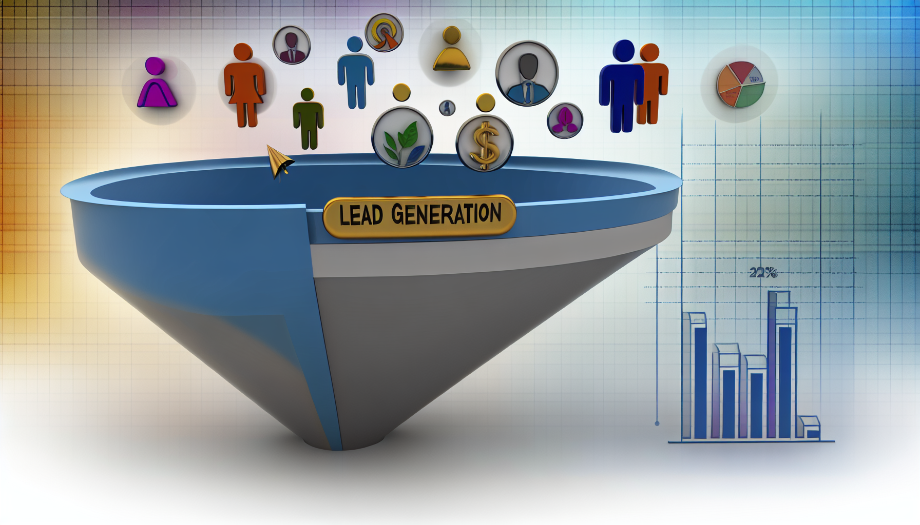 Ein Bild, das das Konzept der Lead-Generierung im geschÃ¤ftlichen Kontext veranschaulicht. Das Bild zeigt einen Trichter, der den Kundenakquisitionsprozess darstellt. Der obere Teil des Trichters ist weit, was einen groÃŸen Pool potenzieller Kunden symbolisiert. Einige demografische und psychografische Faktoren werden mit bunten Symbolen dargestellt, die Ã¼ber dem Trichter schweben. In Richtung des schmalen unteren Endes des Trichters gibt es nur wenige ausgewÃ¤hlte Leads, die symbolisch durch glÃ¤nzende goldene Icons reprÃ¤sentiert werden. Neben dem Trichter befindet sich ein Diagramm, das die Konversionsraten zeigt. Das gesamte Farbschema ist blau, grau und gold, was eine professionelle und effiziente GeschÃ¤ftsumgebung darstellt.